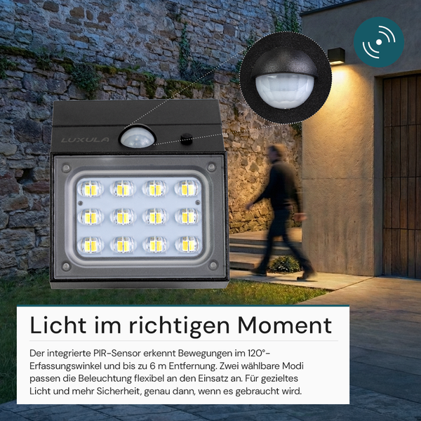 Luxula LED-Wandleuchte mit Bewegungssensor für den Außenbereich, montiert an einer Steinwand, beleuchtet eine Person im Eingangsbereich.