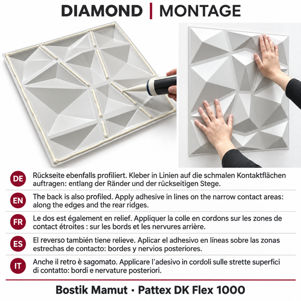 Montageanleitung für Wandpaneele mit geometrischem Relief, Auftrag von Montagekleber auf die Rückseite und Anbringen an der Wand.