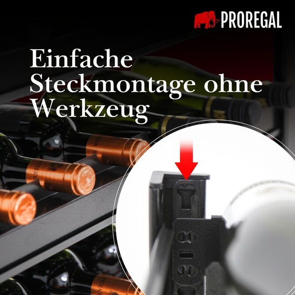 Proregal Logo. Weinregal mit einfachem Stecksystem für die Montage ohne Werkzeug. Detailaufnahme der Verbindung.