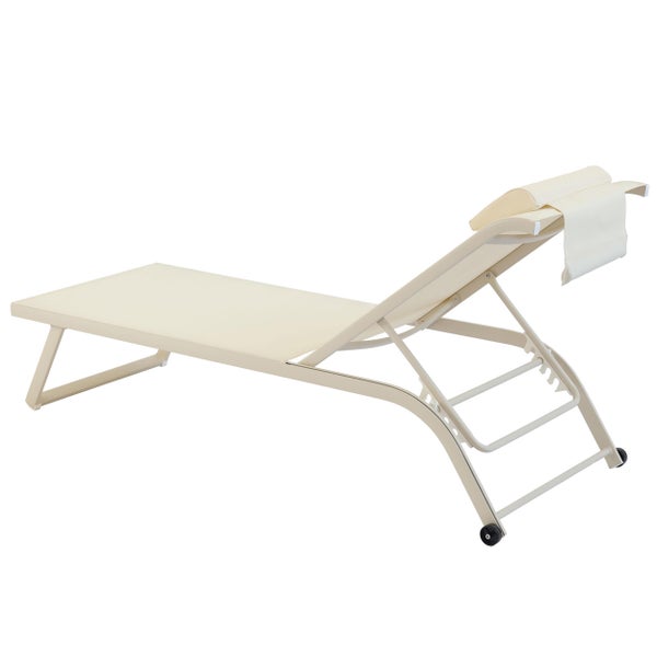 Verstellbare Gartenliege mit Aluminiumgestell, Textilbespannung, Kopfpolster und Rollen.