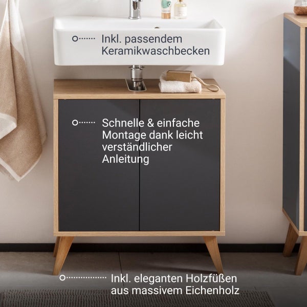 FACKELMANN FINN Badmöbel Set 3 Teile / Waschbecken / Waschbeckenunterschrank / 4 Holzfüße / Badschrank mit Push-to-Open / Korpus & Front: Schwarz / Rahmendekor & Füße: Braun hell / Breite: 60 cm