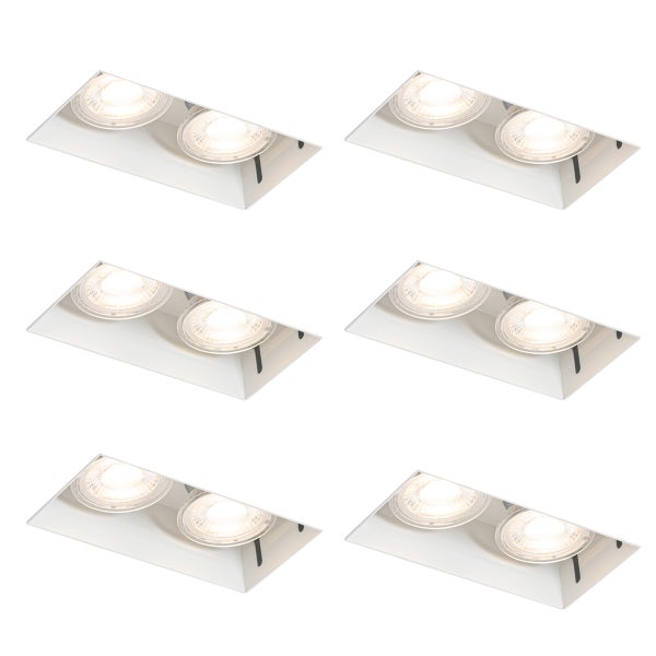 Sechser-Set rechteckige LED-Einbaustrahler in Weiß mit jeweils zwei runden Lichtköpfen.