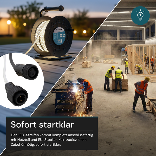 Anschlussfertiger Luxula LED-Streifen auf Kabeltrommel für Baustellenbeleuchtung mit Detailansicht der Stecker und hell beleuchteter Baustelle.