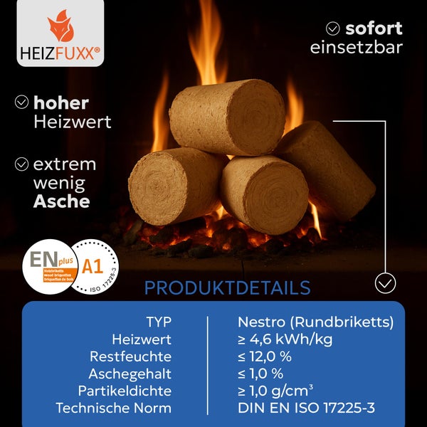 Heizfuxx Holzbriketts Nestro Form mit hoher Heizleistung und wenig Asche, zertifiziert nach ENplus A1 und DIN EN ISO 17225-3.