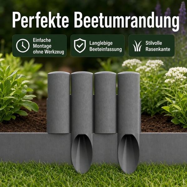 Beetumrandung mit Steckpfählen zur einfachen Montage und langlebigen Einfassung von Blumenbeeten und Rasenkanten im Garten.