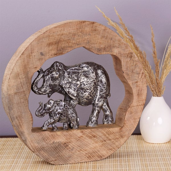 Skulptur Log Elephants Mangoholz, Aluminium silber-natur