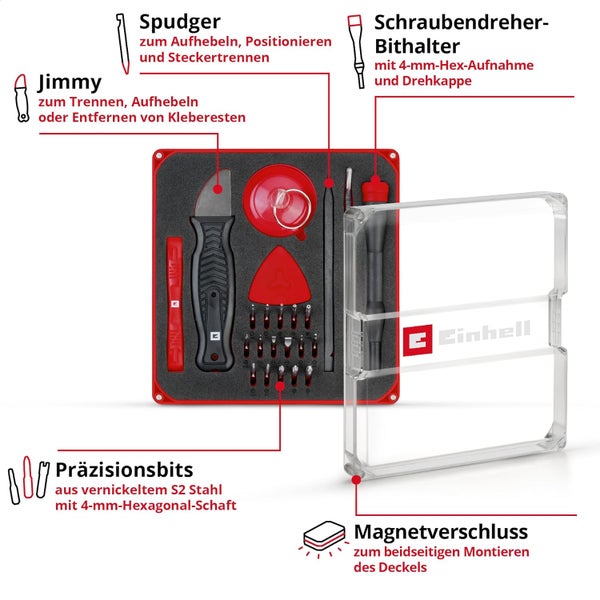 Original Einhell 28-tlg. Präzisions- und Elektronik-Reparatur-Set (Präzisionsbits, Schraubendreher-Bithalter, gebogene Pinzette, Spudger, Jimmy, Opening Tool, Opening Picks, Saugheber)