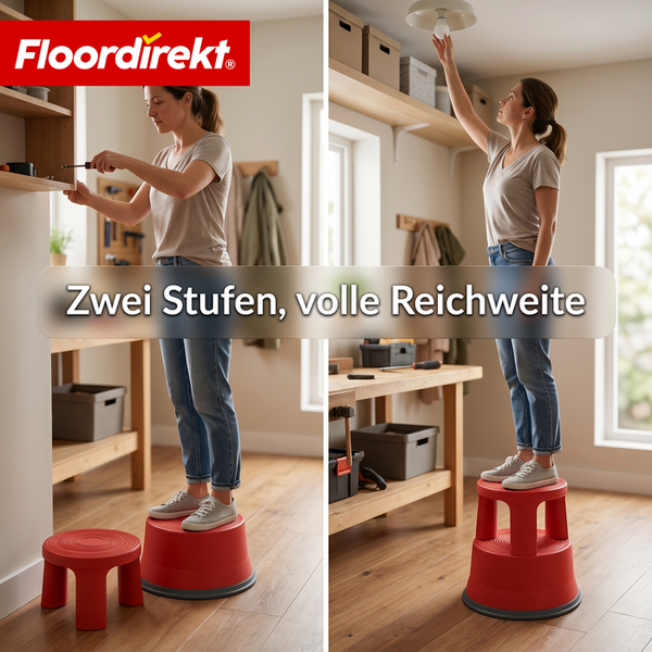 Frau nutzt roten zweistufigen Kunststoff-Trittschemel in heller, organisierter Werkstatt für Arbeiten an Regalen und Lampen. Floordirekt Logo.