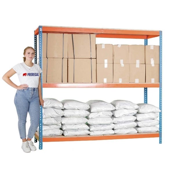 Schwerlastregal WOOD BEAST THREE | HxBxT 200x240x75cm | 3 Ebenen | Fachlast 400kg | Blau-Orange | Weitspannregal Werkstattregal Lagerregal Kellerregal Gargenregal