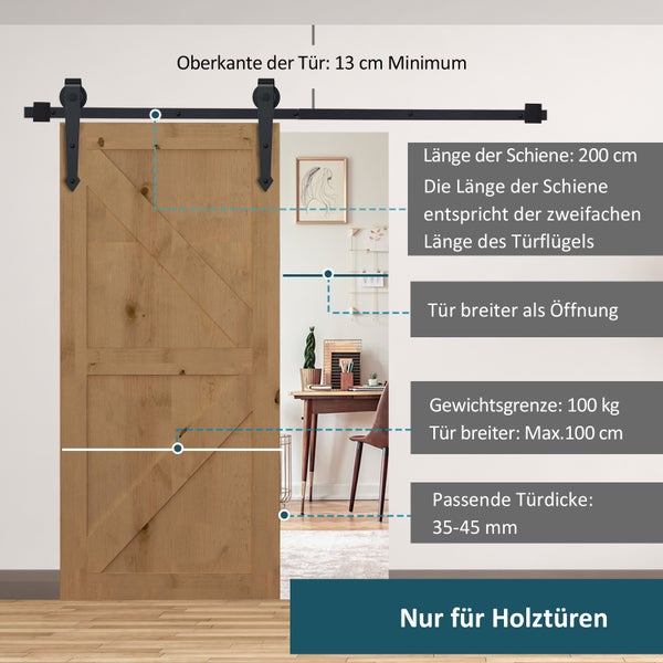 Schiebetür aus Holz mit schwarzen Beschlägen und technischen Daten wie Schienenlänge 200 Zentimeter und Tragkraft bis 100 Kilogramm.
