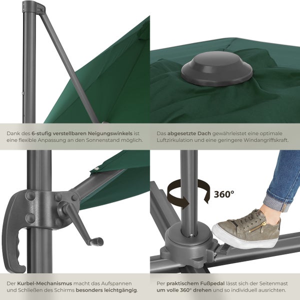 Detailansicht eines Sonnenschirms mit sechsstufig verstellbarem Neigungswinkel, Dach für Luftzirkulation, Kurbelmechanismus und 360-Grad-Drehung per Fußpedal.