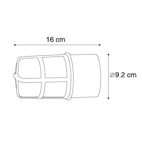 Technische Zeichnung einer Außenleuchte mit Maßen: Länge 16 Zentimeter und Durchmesser 9,2 Zentimeter.