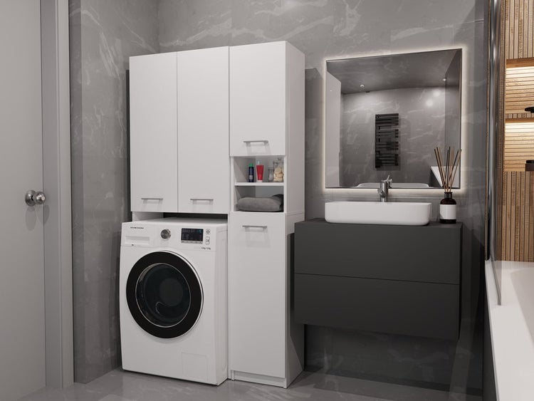 Modernes Badezimmer mit Waschmaschine, Waschbeckenunterschrank und Spiegelschrank