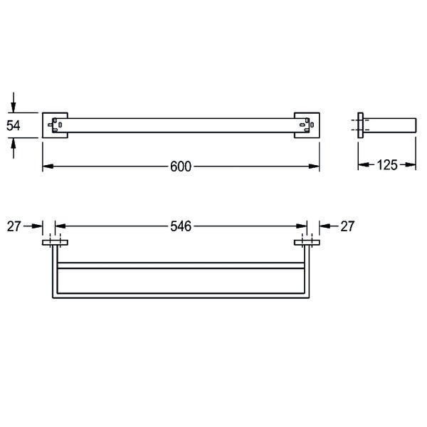 Technische Zeichnung eines Doppel-Handtuchhalters mit Maßen: Breite 600 Millimeter, Tiefe 125 Millimeter, Höhe 54 Millimeter.