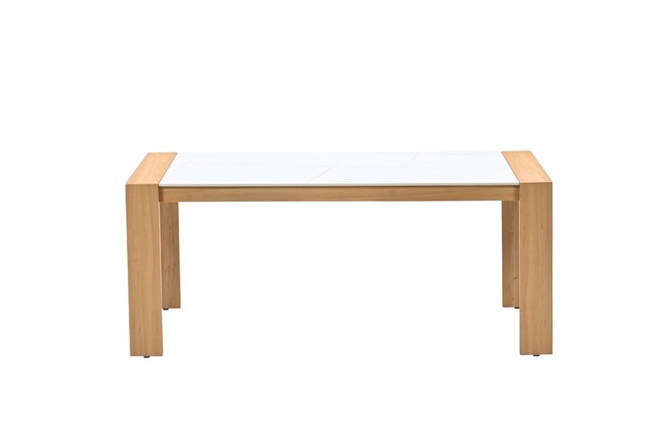 Rechteckiger Esstisch mit Holzbeinen und weißer Tischplatte.
