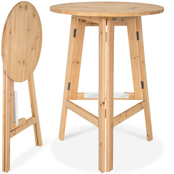 Klappbarer runder Stehtisch aus Holz, aufgestellt und zusammengeklappt.