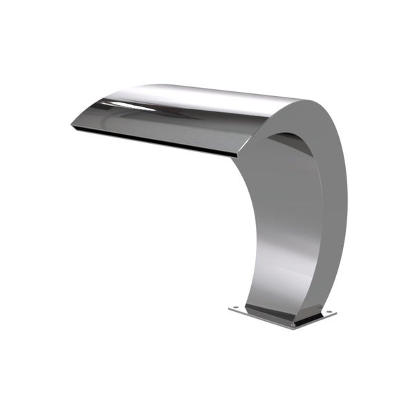Pool-Wasserfall aus poliertem Edelstahl mit gebogenem Design, breitem Auslauf und Montageplatte.