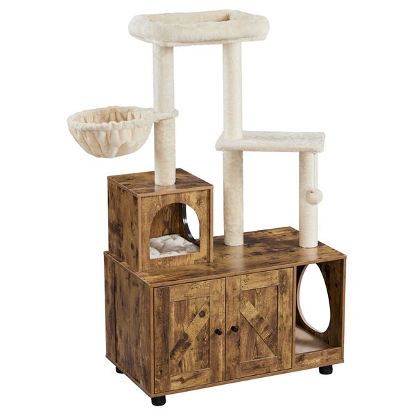 Katzenbaum mit Kratzstamm, Liegeflächen, Katzenhöhle und Schrankfächern