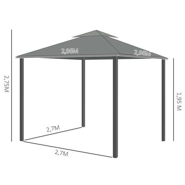 Outsunny Pavillon, Gartenpavillon, 296L x 296B x 270H cm, Aluminium, Polyester, Dunkelgrau