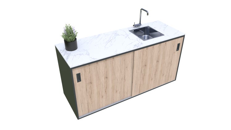 Waschbeckenunterschrank mit Armatur, Marmorplatte und Pflanze