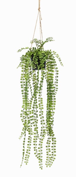 Künstliche Hängepflanze Senecio im schwarzen Topf mit Juteaufhängung und langen herabhängenden Ranken.