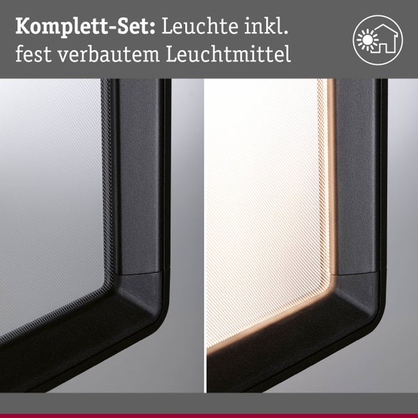 Komplettset inklusive fest verbautem Leuchtmittel. Detailansicht der schwarzen Leuchte ausgeschaltet und eingeschaltet. Symbol für Außenbereich.