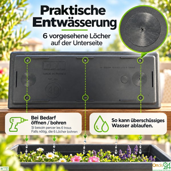 Blumenkasten Unterseite mit sechs vorgefertigten Entwässerungslöchern zur individuellen Bohrung für Wasserablauf
