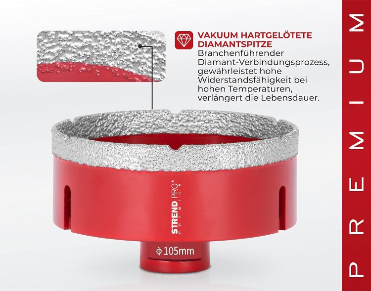 PROREGAL Diamant Bohrkronenaufsatz Premium Crystal 105 mm für Fliesen Glas Feinsteinzeug Keramik Granit Steinfliesen Winkelschleifer Flex M14