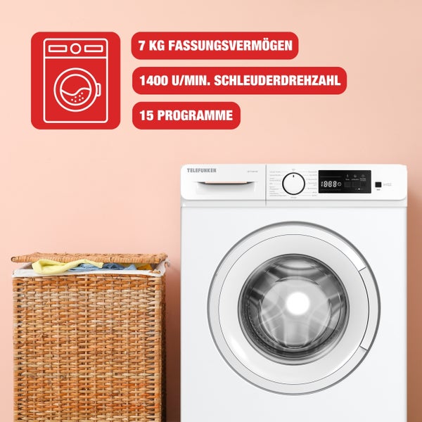 Weiße Telefunken Waschmaschine mit 7 Kilogramm Fassungsvermögen und 1400 Umdrehungen pro Minute Schleuderdrehzahl neben einem Wäschekorb