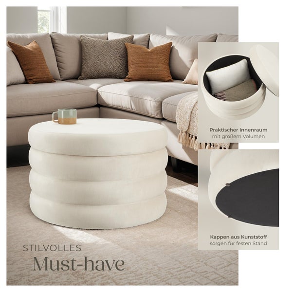 Sitzhocker mit Stauraum tectake Altu XL 67 x 42 cm rund Samtoptik creme-weiß