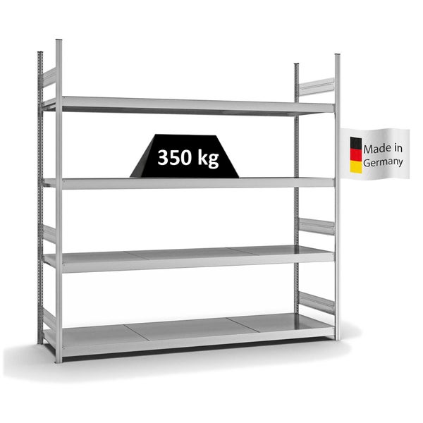 PROREGAL Weitspannregal Stecksystem T-Profil Grundregal HxBxT 250x250x60 cm 4 Ebenen Stahlplatten Fachboden Fachlast 350 kg Verzinkt