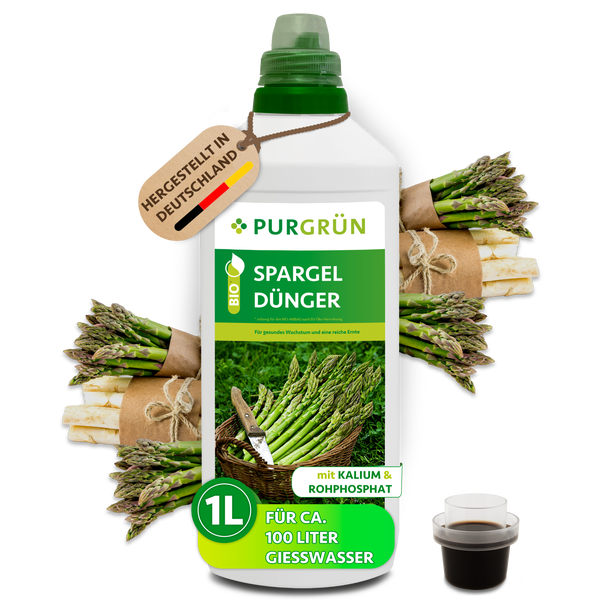 Purgrün Bio Spargeldünger, 1 Liter Flasche für circa 100 Liter Gießwasser, mit Kalium und Rohphosphat, hergestellt in Deutschland.