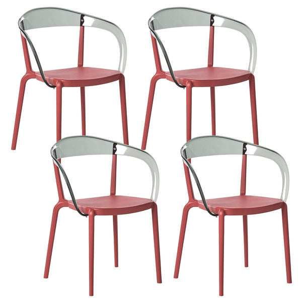 Vier rote Stühle mit Armlehnen und durchsichtiger Rückenlehne