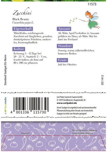 Rückseite der Samentüte Zucchini Black Beauty mit Anleitung zu Aussaat, Standort und Ernte sowie Carl Pabst Samen und Saaten GmbH Logo.