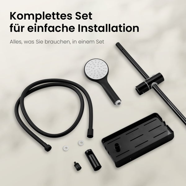 EMKE Duschsäule mit Handbrause, Seifenschale und 1,5 m Brauseschlauch, Duschset in Schwarz, verchromt, Ø19 mm Duschstange aus Edelstahl, KTW