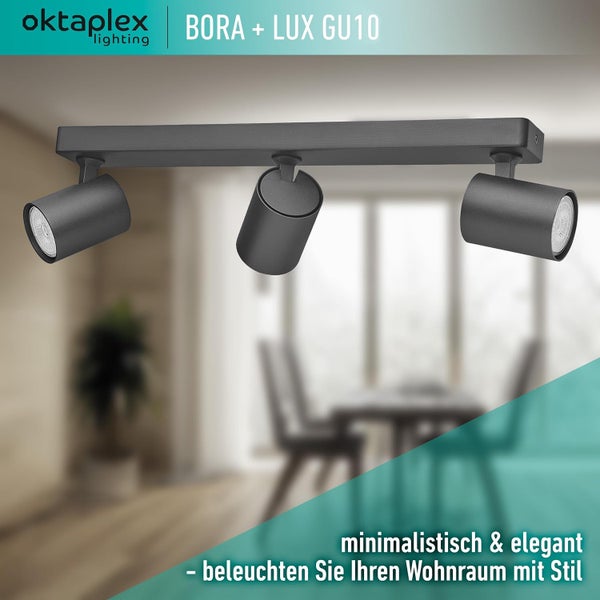 Bora Deckenstrahler inklusive stufenlos dimmbar GU10 Leuchtmittel 400lm 2700K warmweiß 5W 230V 3-flammig Spotbalken schwarz