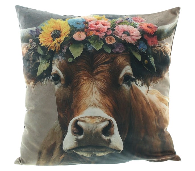 Dekokissen mit Kuh Motiv und Blumenkranz