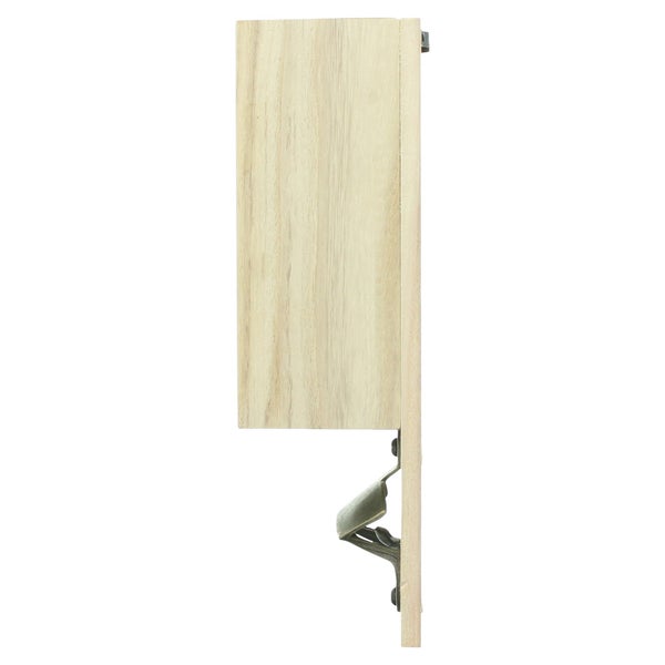 Wand-Flaschenöffner aus hellem Holz mit Auffangbehälter, Seitenansicht.