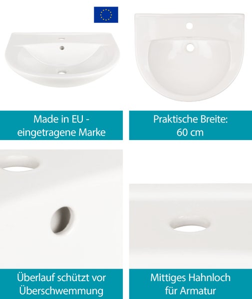 Calmwaters® Waschbecken 60 cm in Weiß, aus hochwertiger Sanitär-Keramik mit Hahnloch und Überlauf zur Wandmontage, ovaler Hänge-Waschtisch Essential 3 aus Keramik, 60 x 48 cm, weiss, 05AB2324