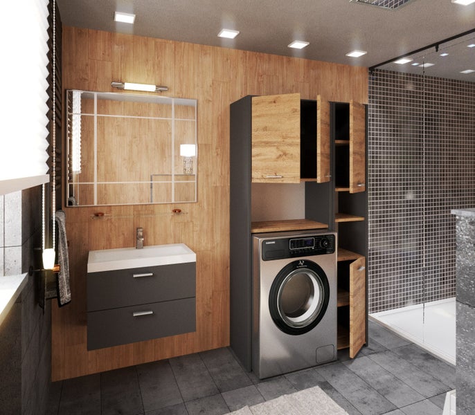 Helles Badezimmer mit Waschmaschine, Waschbeckenunterschrank und Spiegelschrank
