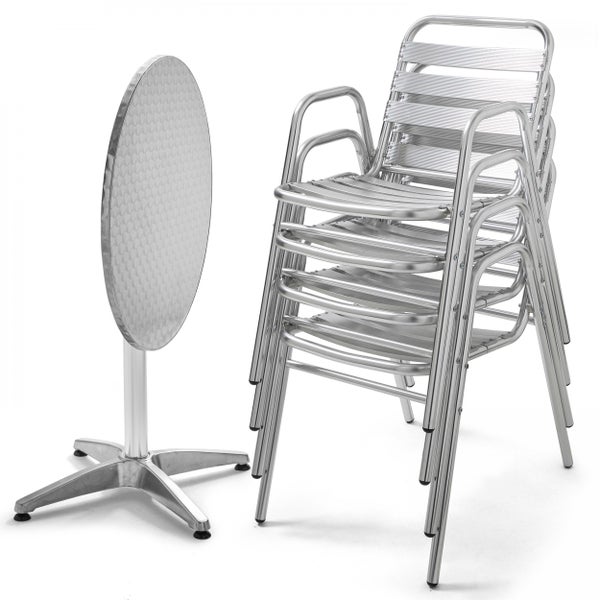 Bistrogarnitur mit rundem, klappbarem Tisch und vier stapelbaren Stühlen aus Aluminium.