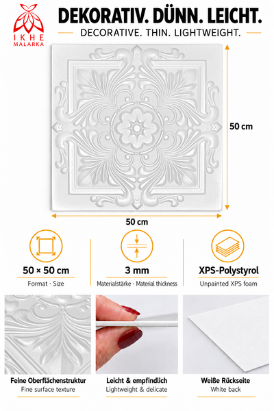 Dekorative Deckenplatte aus XPS Polystyrol, 50 x 50 Zentimeter, 3 Millimeter stark mit feiner Oberflächenstruktur.