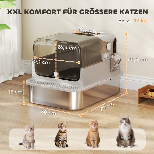 Extra große Katzentoilette mit Edelstahlschale, 50 mal 70 mal 46,5 Zentimeter, für Katzen bis 12 Kilogramm, mit Haube und Streuschaufel.