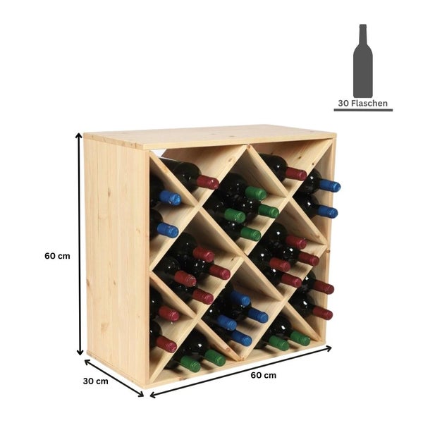 PROREGAL Modulares Weinregal Vincellar Mod HxBxT 60 x 60 x 30 cm Rauten Modul Für 30 FlaschenMassives Kiefernholz Natur