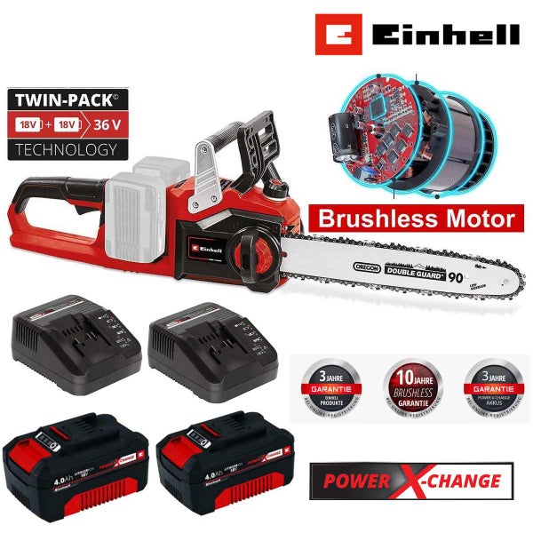 Einhell Logo. Einhell Akku-Kettensäge Set mit bürstenlosem Motor, zwei 18 Volt Akkus 4,0 Amperestunden und zwei Ladegeräten. Twin-Pack 36 Volt.
