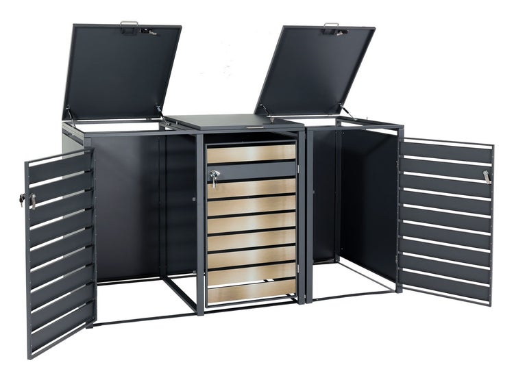 Mülltonnenbox für drei Mülltonnen mit Lattenoptik und aufklappbarem Deckel