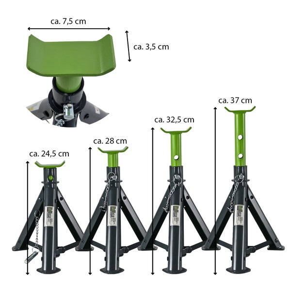 Unterstellböcke im Vierer Set mit verschiedenen Höheneinstellungen von circa 24,5 Zentimeter bis 37 Zentimeter aus Metall.
