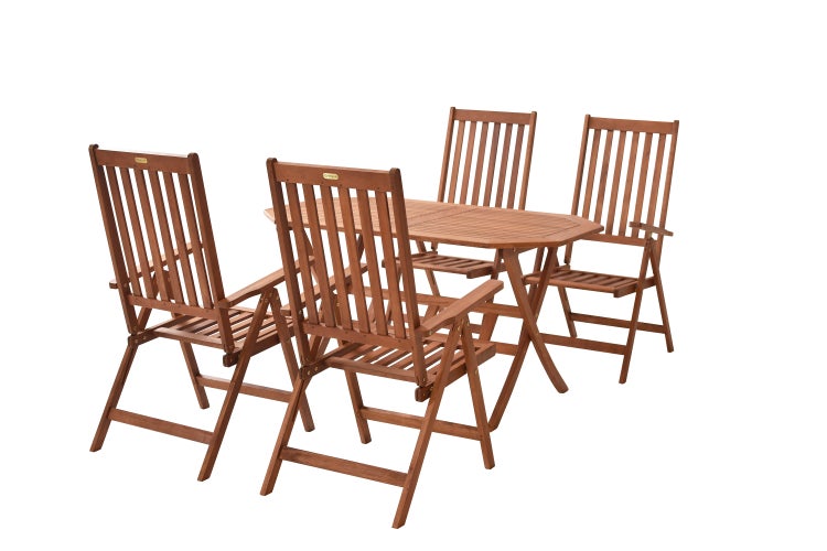 Gartensitzgruppe aus Holz mit Tisch und vier Stühlen