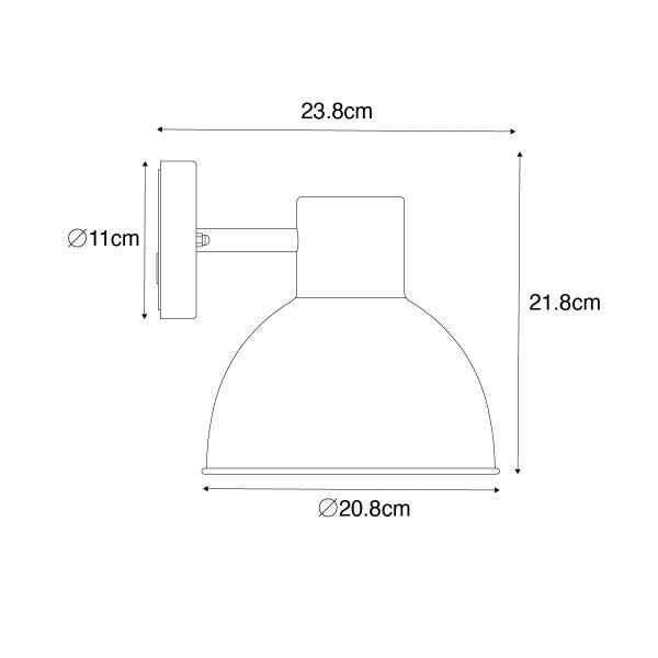 Maßzeichnung einer Wandleuchte: Höhe 21,8 Zentimeter, Breite 23,8 Zentimeter, Schirmdurchmesser 20,8 Zentimeter, Wandhalterung 11 Zentimeter.