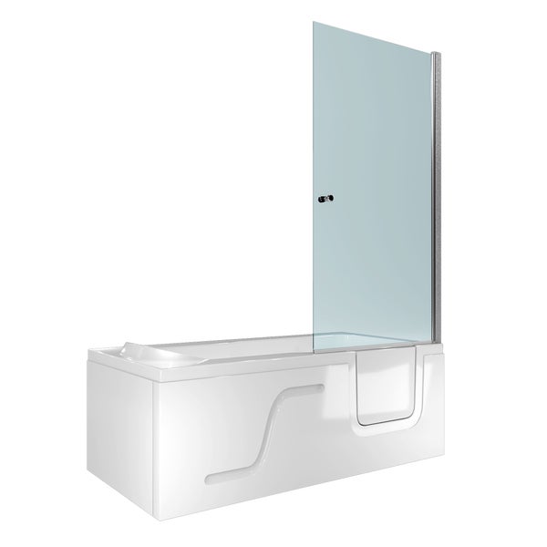 Weiße Badewanne mit Einstiegstür und Duschaufsatz aus Glas.